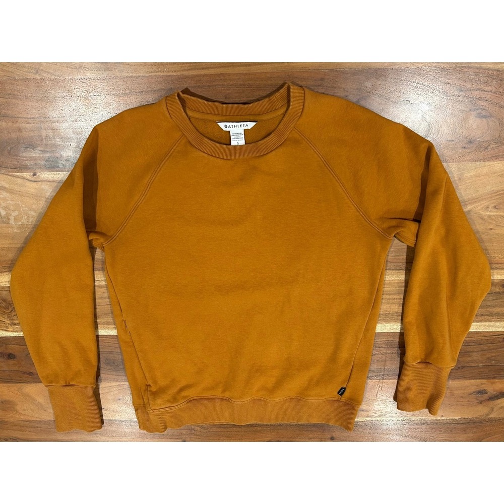 Athleta Triumph Crewneck Sweatshirt Orange Mustard Yellow Fleece Pockets Small